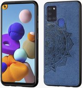 Voor Samsung Galaxy A21s Mandala stoffen hoes met reliÃ«f PC + TPU mobiele telefoonhoes met magnetische functie en draagriem (blauw)