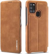 Voor Samsung Galaxy A21s LC.IMEEKE Hon Ancient Series horizontale flip lederen tas met houder en kaartsleuf (bruin)