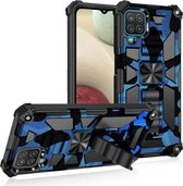 Voor Samsung Galaxy A12 camouflage pantser schokbestendig TPU + pc magnetische beschermhoes met houder (donkerblauw)