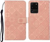 Voor Samsung Galaxy S20 Ultra etnische stijl reliëf patroon horizontale flip lederen tas met houder & kaartsleuven & portemonnee & lanyard (roze)