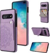 Voor Samsung Galaxy S10 reliëfpatroon PU + TPU beschermhoes met houder & portemonnee & kaartsleuven (paars)