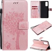 Voor Samsung Galaxy S20 FE 5G / S20 Lite Tree & Cat Pattern Pressed Printing Horizontale Flip PU lederen tas met houder & kaartsleuven & portemonnee & lanyard (Rose Gold)