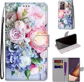 Voor Samsung Galaxy Note20 Ultra Gekleurde Tekening Cross Textuur Horizontale Flip PU Lederen Case met Houder & Kaartsleuven & Portemonnee & Lanyard (Lichtroze Boeket)