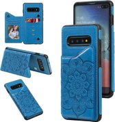Voor Samsung Galaxy S10 Plus bloem reliëf patroon schokbestendig beschermhoes met houder & kaartsleuven & fotolijst (blauw)