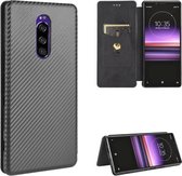 Voor Sony Xperia 1 Carbon Fiber Texture Magnetische Horizontale Flip TPU + PC + PU Leather Case met Card Slot (Black)