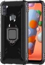 Voor Samsung Galaxy A11 (Amerikaanse versie) koolstofvezel beschermhoes met 360 graden roterende ringhouder (zwart)