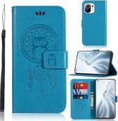 Voor Xiaomi Mi 11 Windgong Uil Embossing Patroon Horizontale Flip lederen tas met houder & kaartsleuven & portemonnee (blauw)