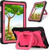 Voor Amazon Kindle Fire HD 8 (2020) Contrastkleur Schokbestendig Robot siliconen + pc-hoes met polsbandhouder (zwart + roze rood)