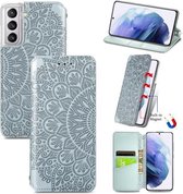 Voor Samsung Galaxy S21 5G Blooming Mandala Reliëfpatroon Magnetische Horizontale Flip Leren Case met Houder & Kaartsleuven & Portemonnee (Grijs)