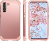 Voor Samsung Galaxy S21 5G pc + siliconen driedelige anti-drop mobiele telefoon beschermende achterkant (rose goud)