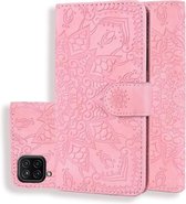 Reliëf zonnebloempatroon horizontale flip PU lederen tas met houder & kaartsleuven & portemonnee & lanyard voor Samsung Galaxy A12 (roze)