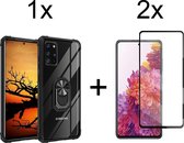 Samsung S20 FE hoesje - Samsung Galaxy S20 FE hoesje Kickstand Ring shock proof case transparant zwarte randen armor magneet - Full cover - 2x Samsung S20 FE screenprotector