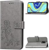 Voor Geschikt voor Xiaomi Redmi Note 9S / Note 9 Pro / Note 9 Pro Max vierbladige sluiting reliëf gesp PU lederen tas met lanyard & kaartsleuf & portemonnee & houder (grijs)