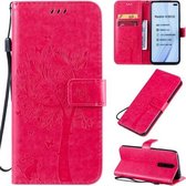 Voor Xiaomi Redmi K30 Tree & Cat Pattern Pressed Printing Horizontale Flip PU Leather Case met houder & kaartsleuven & portemonnee & Lanyard (Rose Red)