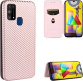 Voor Samsung Galaxy M31 Carbon Fiber Texture Magnetische Horizontale Flip TPU + PC + PU Leather Case met Rope & Card Slot (Pink)