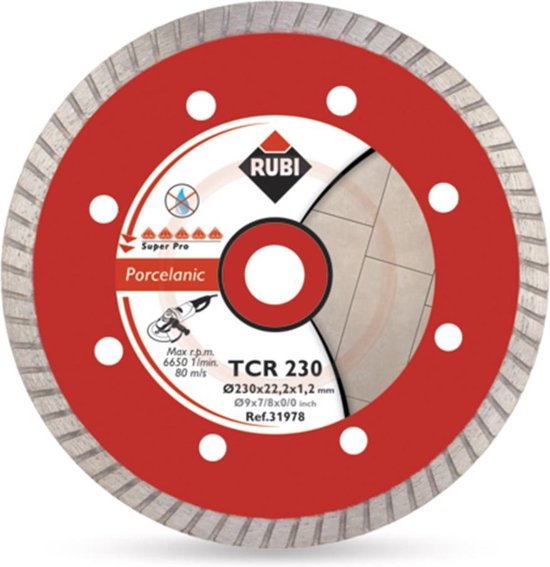 TCR 230 Super Pro diamantzaagblad met rode voorkant, witte cirkels, merk 'RUBI' en grijze zaagrand. Diameter 230 mm.