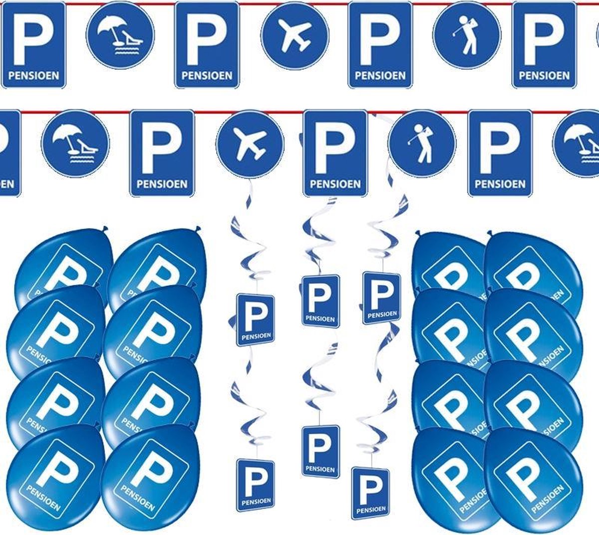 Pensioen Feestpakket - Pensioen Versiering En Decoratie - Blauw Verkeersbord - Ballonnen, Slingers En Rotorspiralen