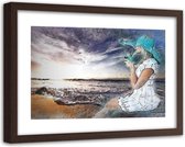 Foto in frame , Vrouw met hoed bij de zee ,120x80cm , multikleur