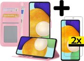 Samsung A52 Hoesje Book Case Met 2x Screenprotector - Samsung Galaxy A52 Case Wallet Cover - Samsung A52 Hoesje Met 2x Screenprotector - Licht Roze