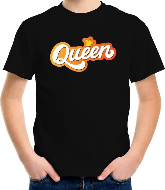 Queen koningsdag t-shirt zwart voor kinderen/ meisjes 122/128