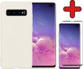 Samsung S10 Hoesje Wit Siliconen Case Met Screenprotector - Samsung Galaxy S10 Hoes Silicone Cover Met Screenprotector - Wit