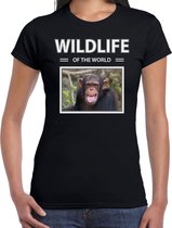 Dieren foto t-shirt Chimpansee aap - zwart - dames - wildlife of the world - cadeau shirt Apen liefhebber L