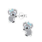 zilveren koala met blauw strikje kinderoorbellen | oorknopjes Meisje Zilver | Zilverana | Sterling 925 Silver