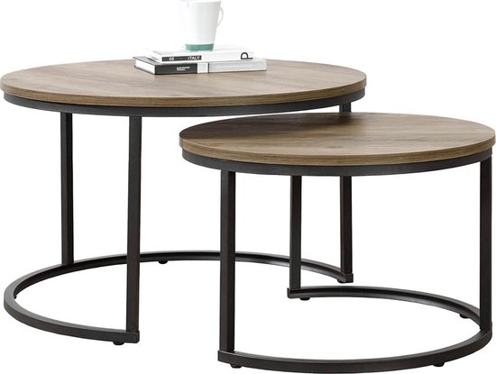 Table basse Estergo ronde set de 2 bois foncé et noir