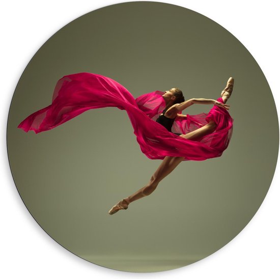 Dibond Wandcirkel - Dansende Ballerina in Roze Kleed - 80x80cm Foto op Aluminium Wandcirkel (met ophangsysteem)