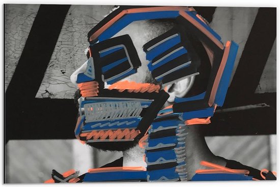 Dibond - Fictieve Robot in Zwart, Oranje en Blauw - 60x40cm Foto op Aluminium (Met Ophangsysteem)