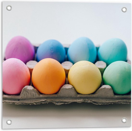 Tuinposter - Gekleurde Eieren in Eierdoos - Foto op Tuinposter (wanddecoratie voor buiten en binnen)