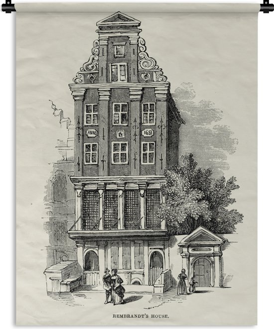 Tapisserie Amsterdam illustration - Maison de Rembrandt sur une illustration en noir et blanc Tapisserie en coton 60x80 cm - Tapisserie avec photo