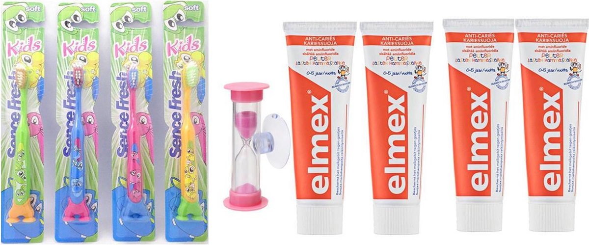 elmex kinder tandpasta 4 x en 4 x sence tandenborstels en zandloper