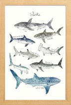 JUNIQE - Poster in houten lijst Haaien illustratie -60x90 /Blauw &