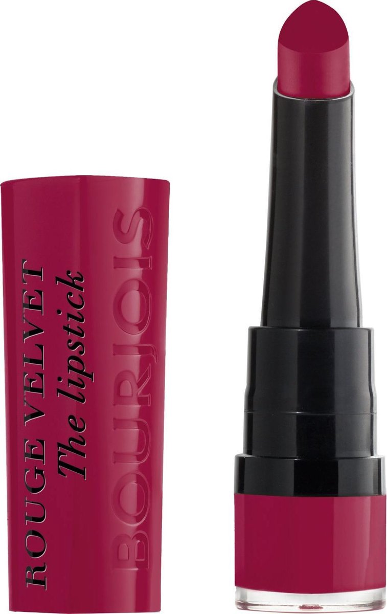 Matte rode Bourjois Rouge Velvet lipstick in slanke huls met zwarte band.