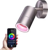 Hoftronic Smart Lago - Smart wandlamp voor buiten - RVS - Besturing via app - WiFi - Bluetooth - Dimbaar - Slimme verlichting - 5.5 Watt - 400 lumen - 230V - RGBWW - Verwisselbare GU10 - Moderne muurlamp - Wandspot - Muurlamp
