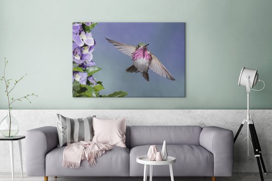 Un colibri calliope aux fleurs violettes Toile 180x120 cm - Tirage photo sur Toile (Décoration murale salon / chambre) XXL / Groot format!