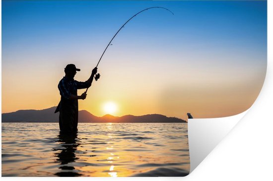 Kneden lassen Posters Muursticker Vissport - Silhouet van een vissende man bij zonsondergang -  30x20 cm -... | bol.com