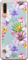 Samsung Galaxy A70 siliconen hoesje - Mint bloemen - Soft Case Telefoonhoesje - Blauw - Bloemen