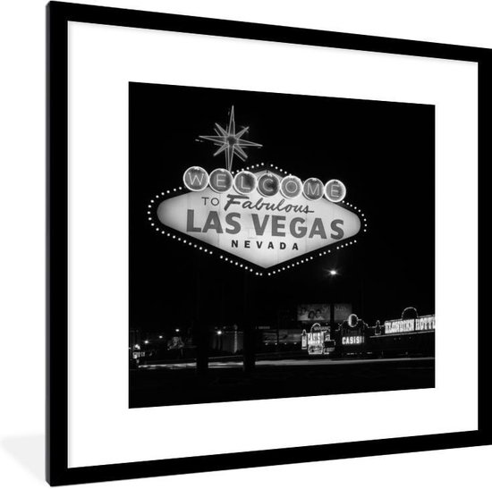 Poster met lijst Las 2 - Zwart wit welkomstbord in Vegas - fotolijst zwart -... |