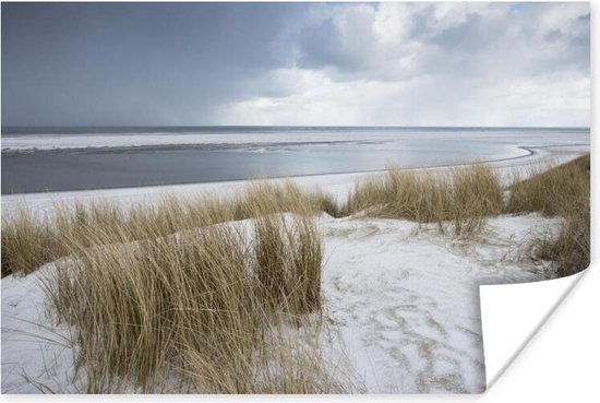 Poster Dunes avec pelouse devant la mer du Nord 180x120 cm - Tirage photo sur Poster (décoration murale salon / chambre) / Poster Mer et lacs XXL / Groot format! / Mer et plage
