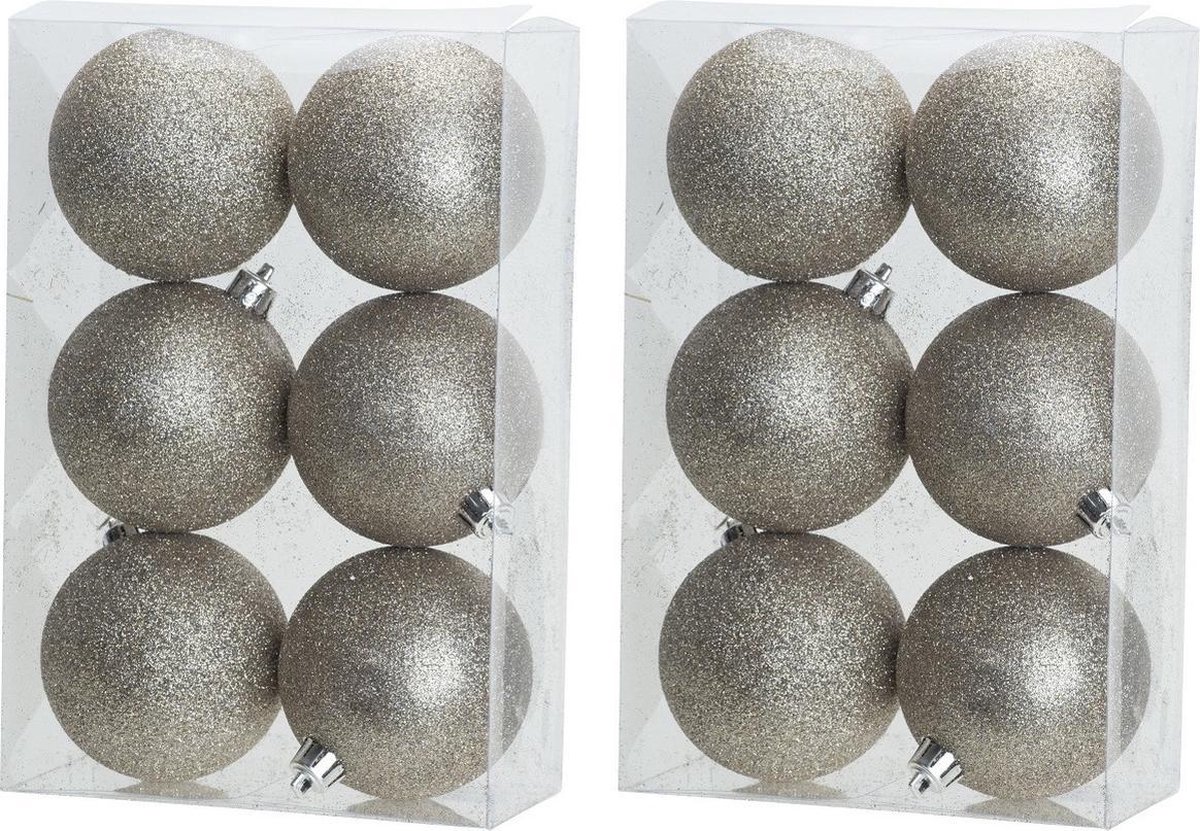 18x stuks kunststof glitter kerstballen champagne 8 cm - Onbreekbare kerstballen - Kerstversiering