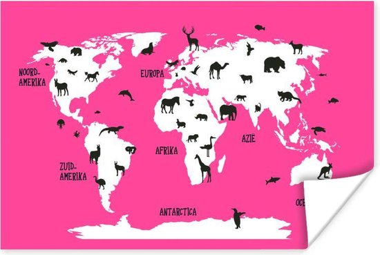 Roze met witte wereldkaart met bijbehorende dieren Poster | Wereldkaart Poster 180x120 cm