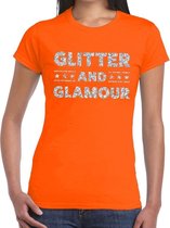 Glitter and Glamour zilver glitter tekst t-shirt oranje dames XS
