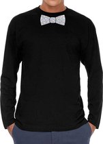 Zwart long sleeve t-shirt met vlinderdas in glitter zilver heren - zwart shirt met lange mouwen en zilveren strik das voor heren XL