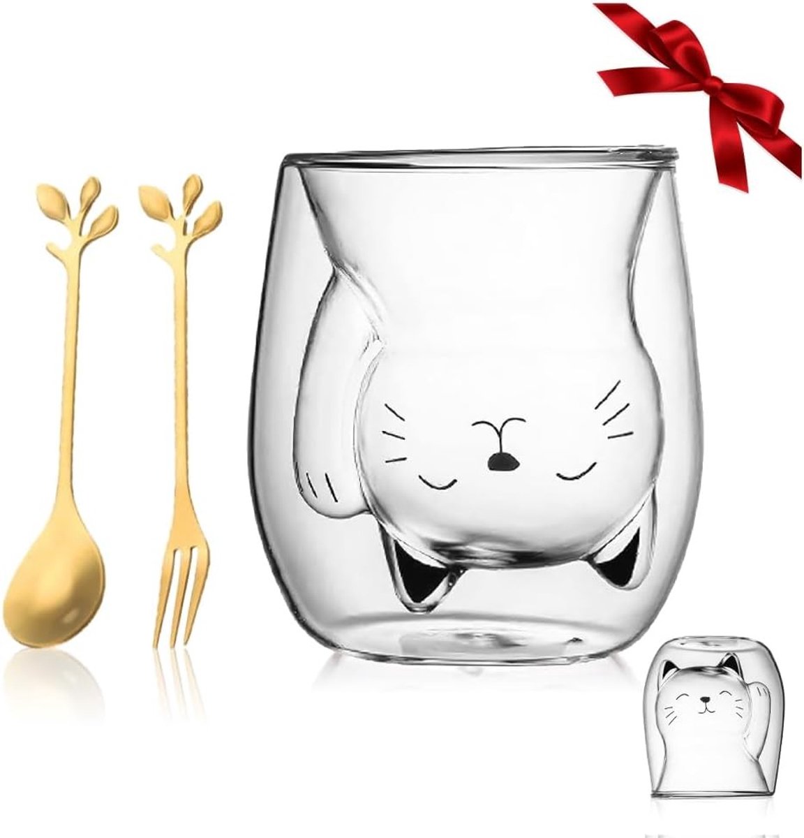 Schattige Kat Mok met Dubbele Wand, 200ml, Isolerende Glazen voor Koffie en Thee, Perfecte Cadeaus voor Kat Liefhebbers en Kerstmis
