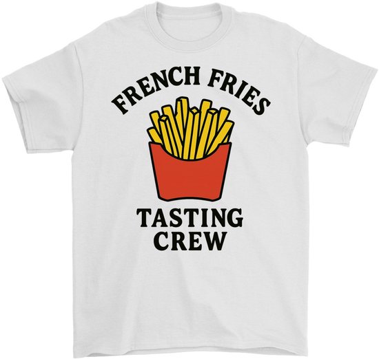 T-shirt blanc avec imprimé "FRENCH FRIES TASTING CREW" et un cornet rouge avec des frites jaunes.