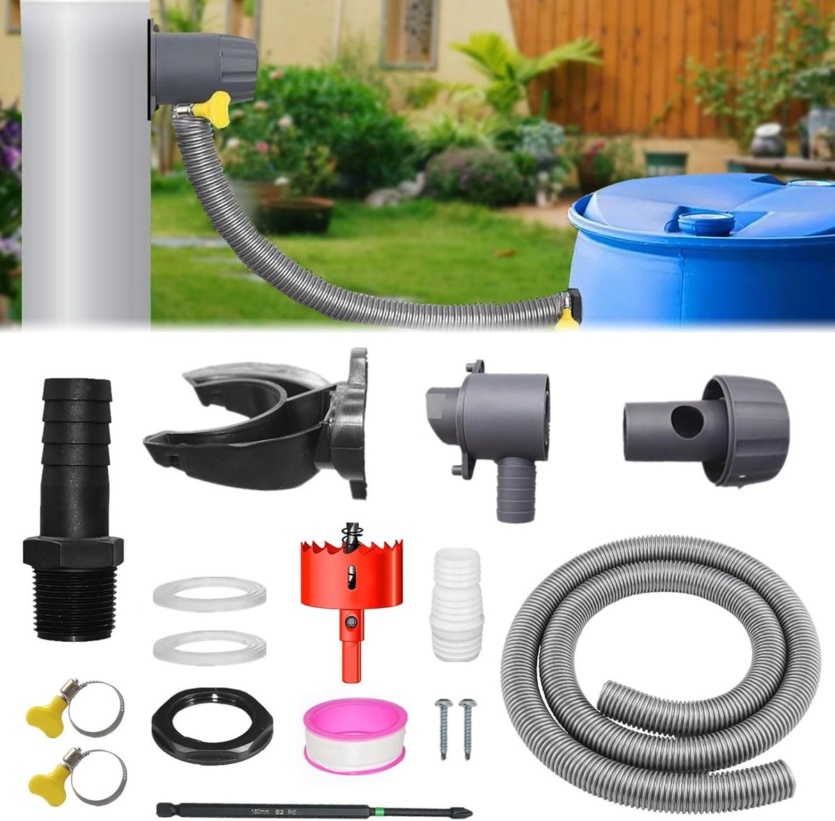 Set voor Regenwateropvang voor Afvoerpijpen 70-110 mm, Inclusief 1 m Slang, Druppelfilter en Aansluitingen voor Efficiënte Waterbesparing en Tuinirrigatie