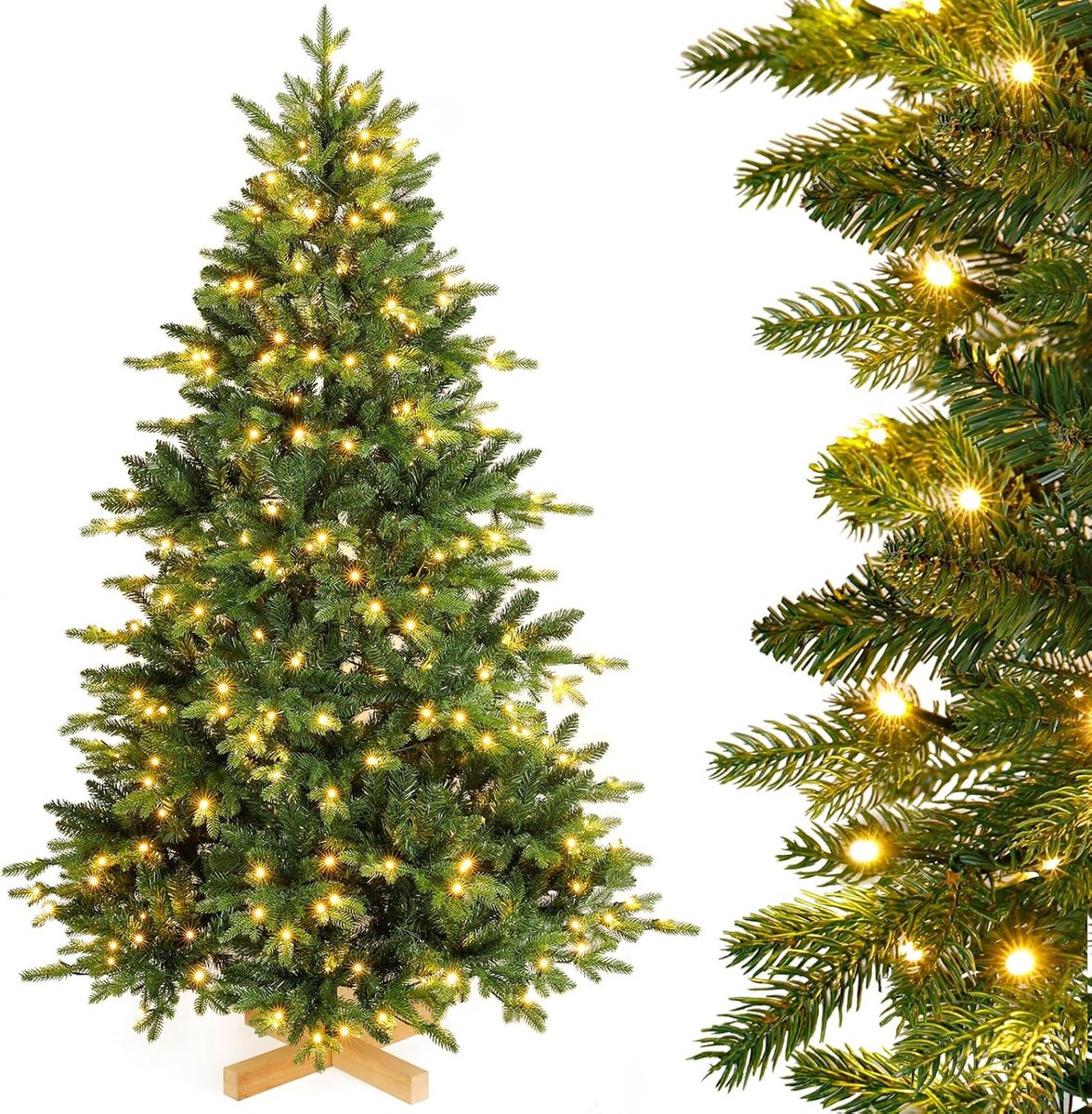 Nordmann-kunstkerstboom met verlichting, led-dennenboom met houten standaard voor kerstdecoratie, van PE en pvc, herbruikbaar Kerstboom Kunstboom voor Thuis Kantoor Winkel en Hotel