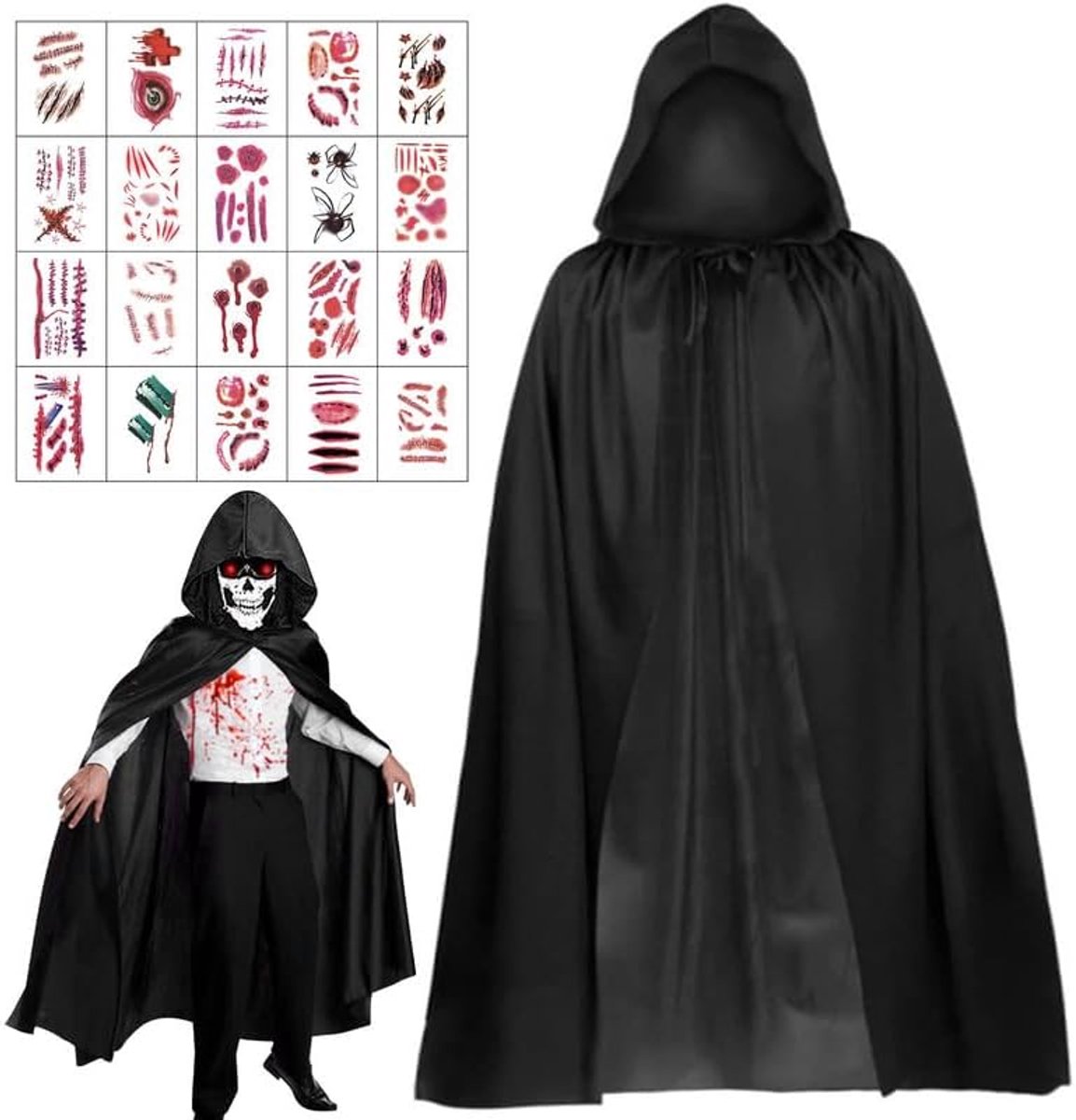 Cape voor kinderen en volwassenen, middeleeuwse vampiercape, Halloween cape met capuchon, cosplay-accessoires met littekenstickers, voor Halloween-feesten, kostuumfeesten, familiefeesten (90